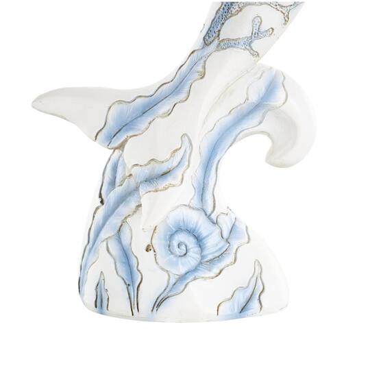 12" White with Blue Coral Pattern Curved Polystone Dolphin Sculpture